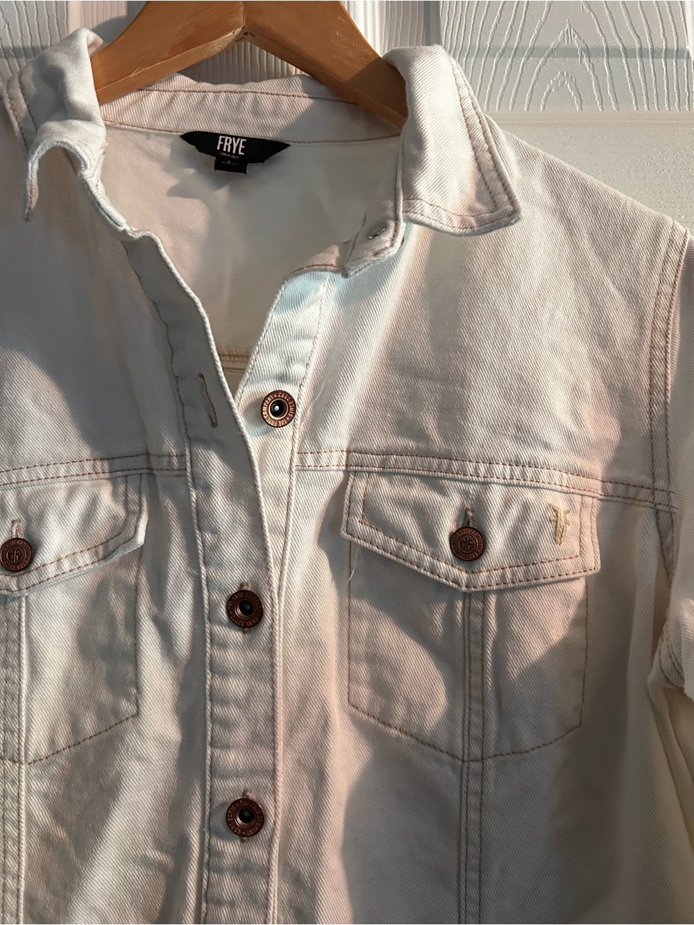 FRYE 100% Cotton White Denim Shirt Bone Cinched Waist Boho Western Rodeo Dress - Picture 7 of 10